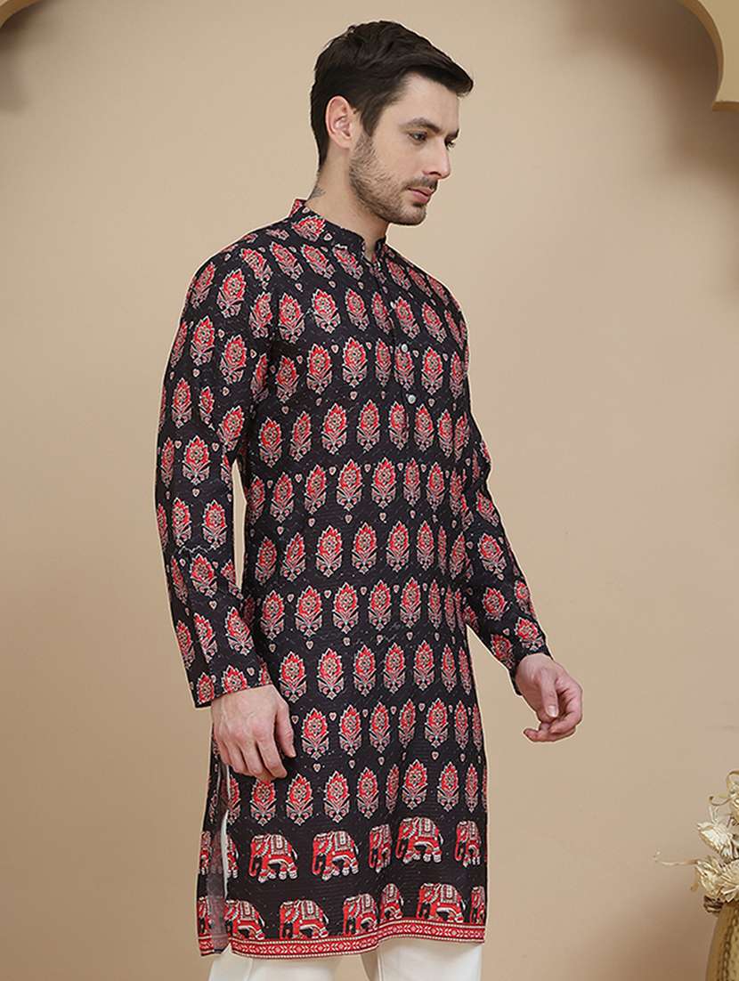 men floral mandarin neck long kurta - 21943634 -  Standard Image - 1