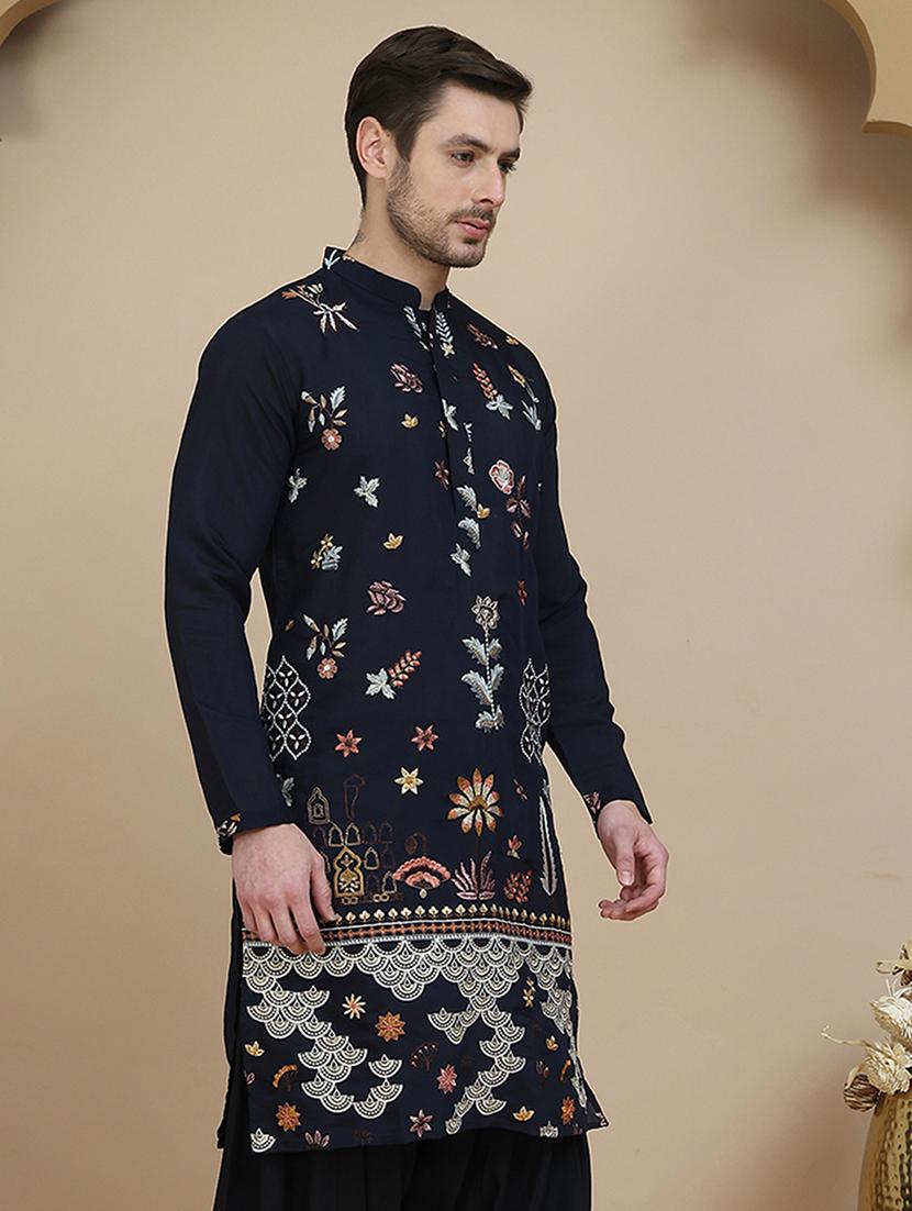 men embroidered mandarin neck long kurta - 21943637 - Standard Image - 1