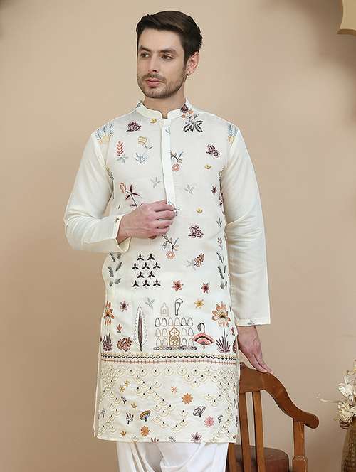 men embroidered mandarin neck long kurta - 21943638 -  Standard Image - 0
