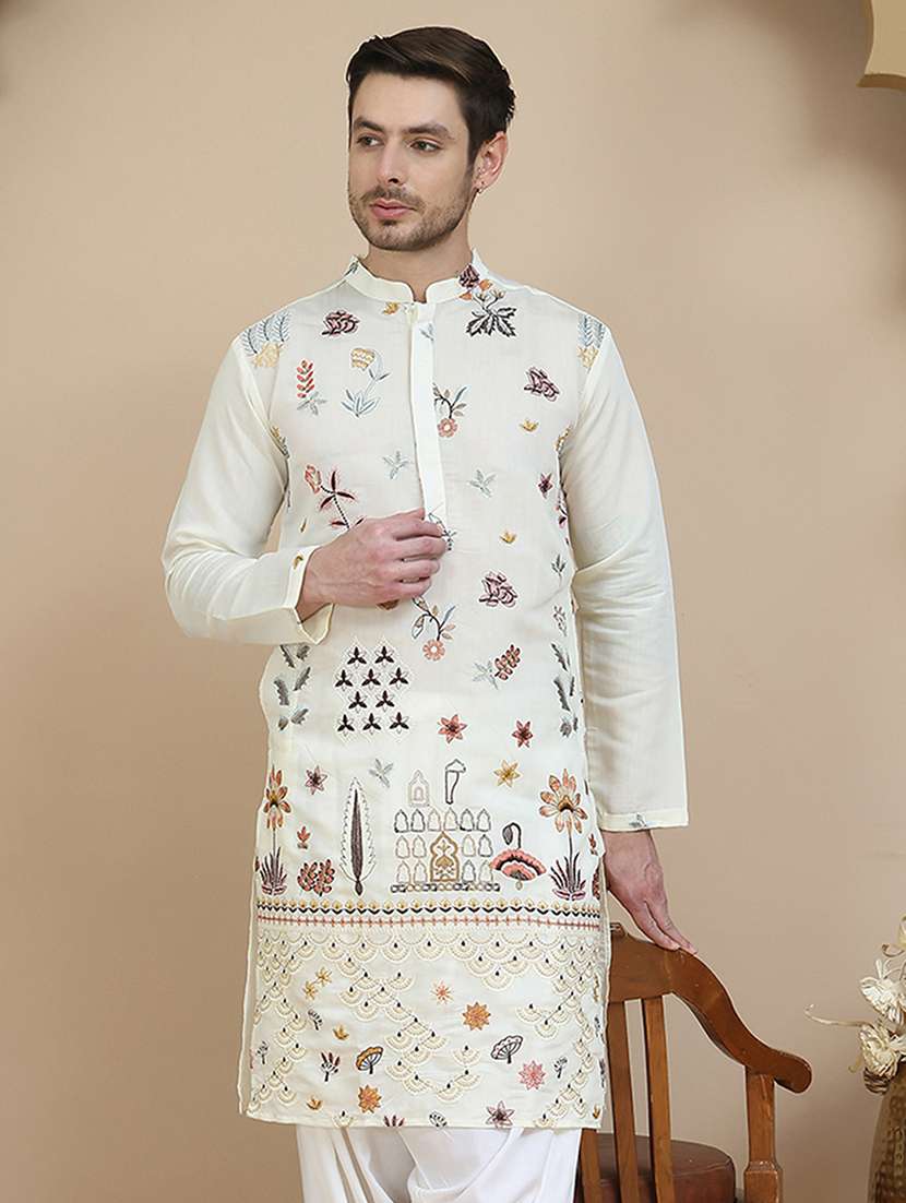 men embroidered mandarin neck long kurta