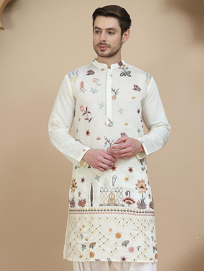 men embroidered mandarin neck long kurta - 21943638 - Standard Image - 1