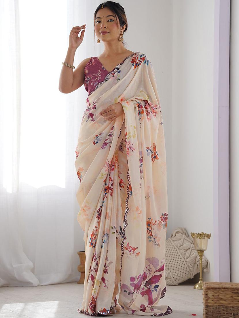women cream printed saree with blouse - 21943648 - Standard Image - 1