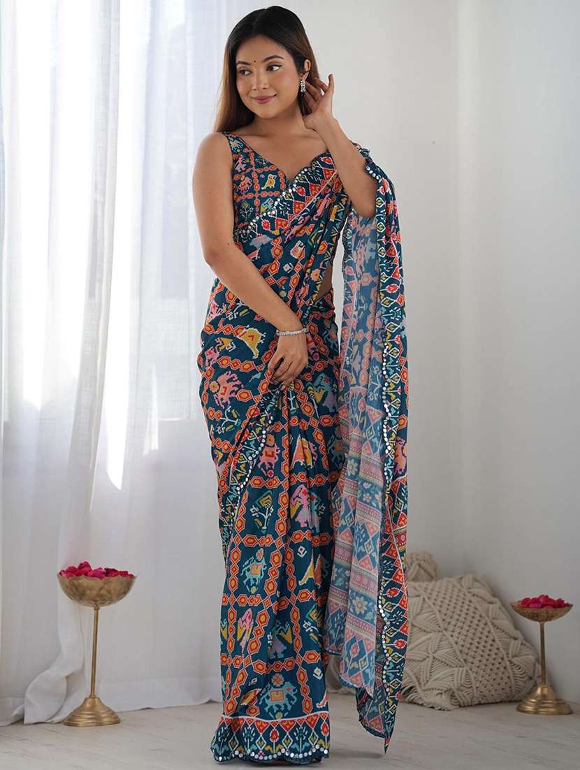 women blue printed patola saree with blouse