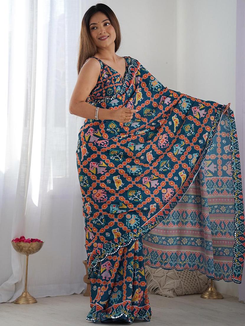 women blue printed patola saree with blouse - 21943649 -  Standard Image - 1