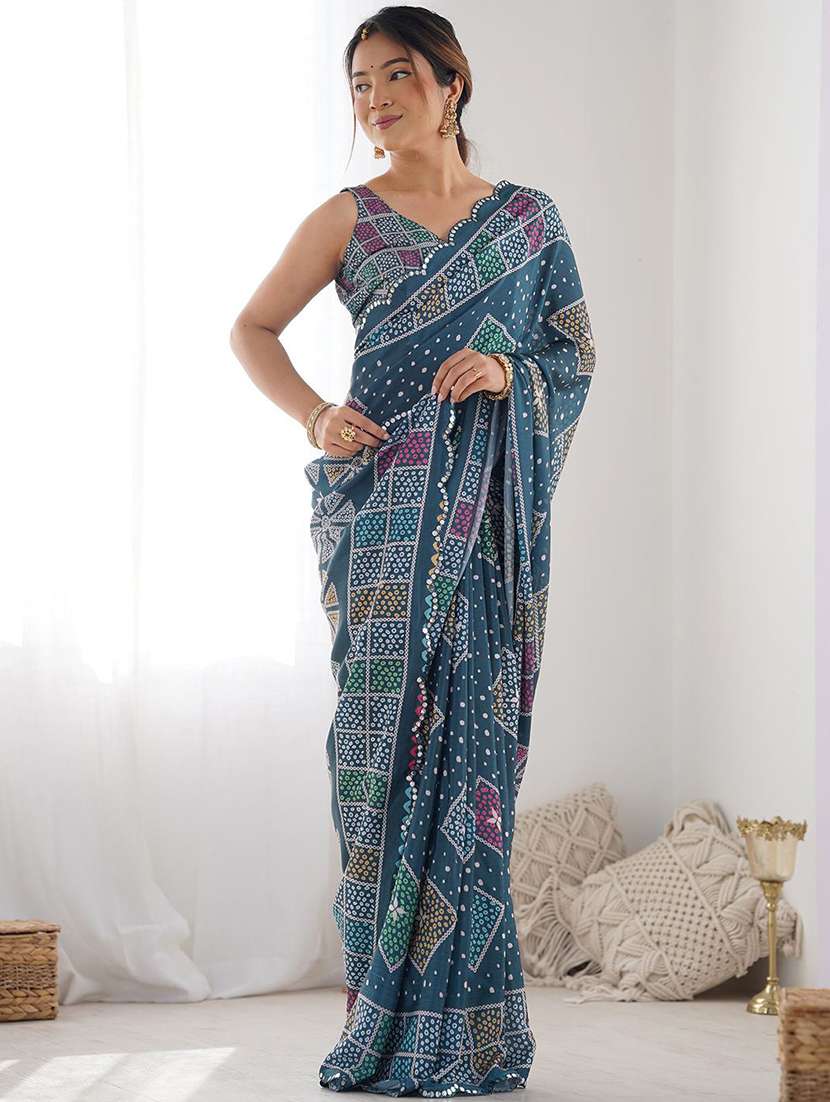women teal printed saree with blouse - 21943652 -  Standard Image - 1