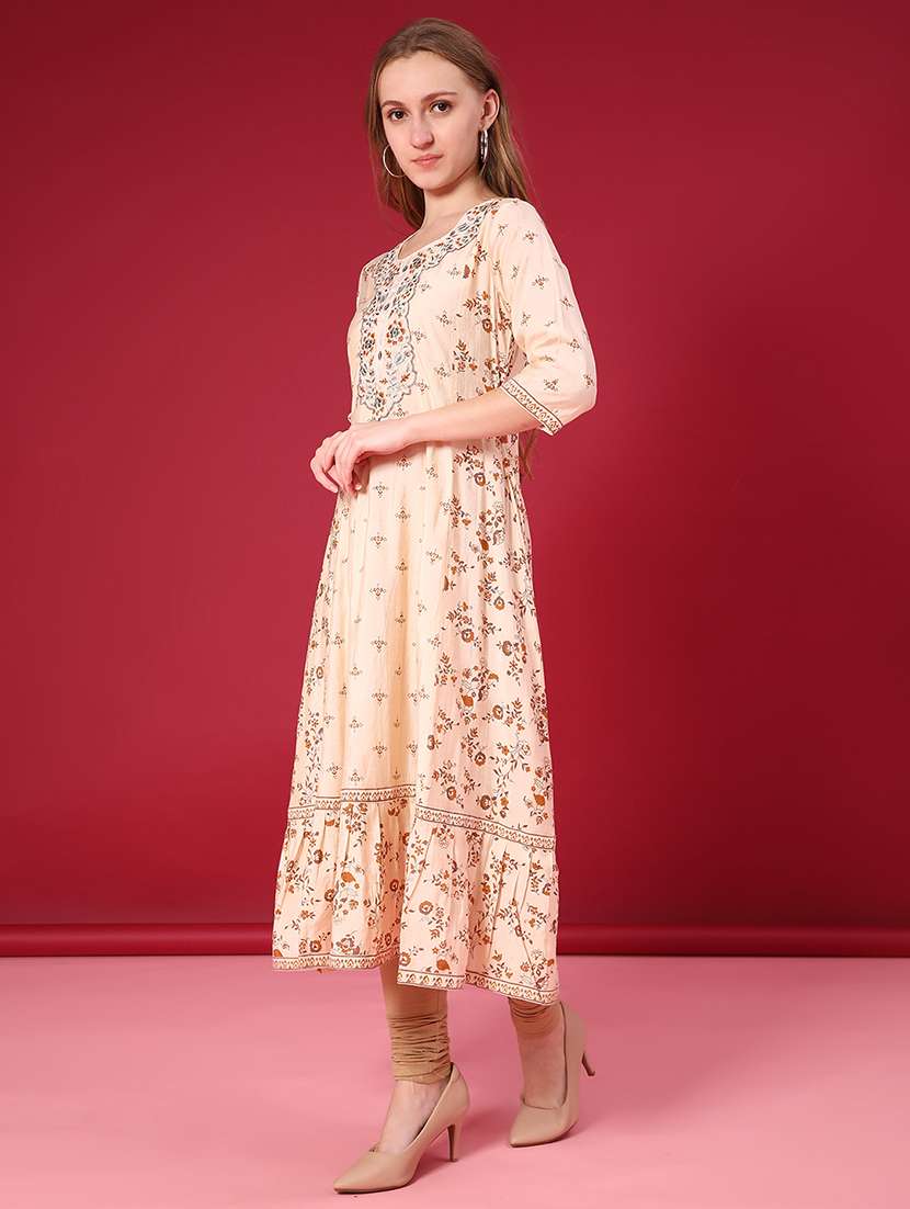 women printed three quarter sleeve tiered kurta - 21943688 -  Standard Image - 1