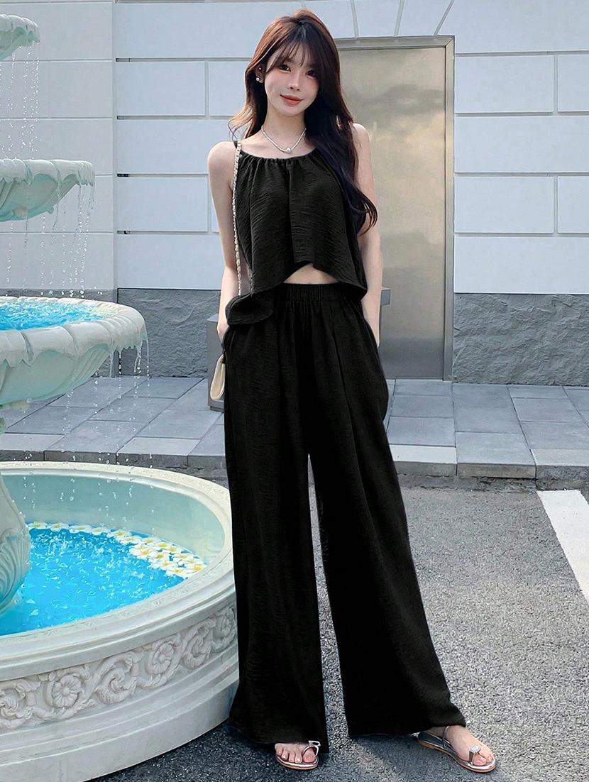 women solid top and trouser co-ord set - 21944486 - Standard Image - 1