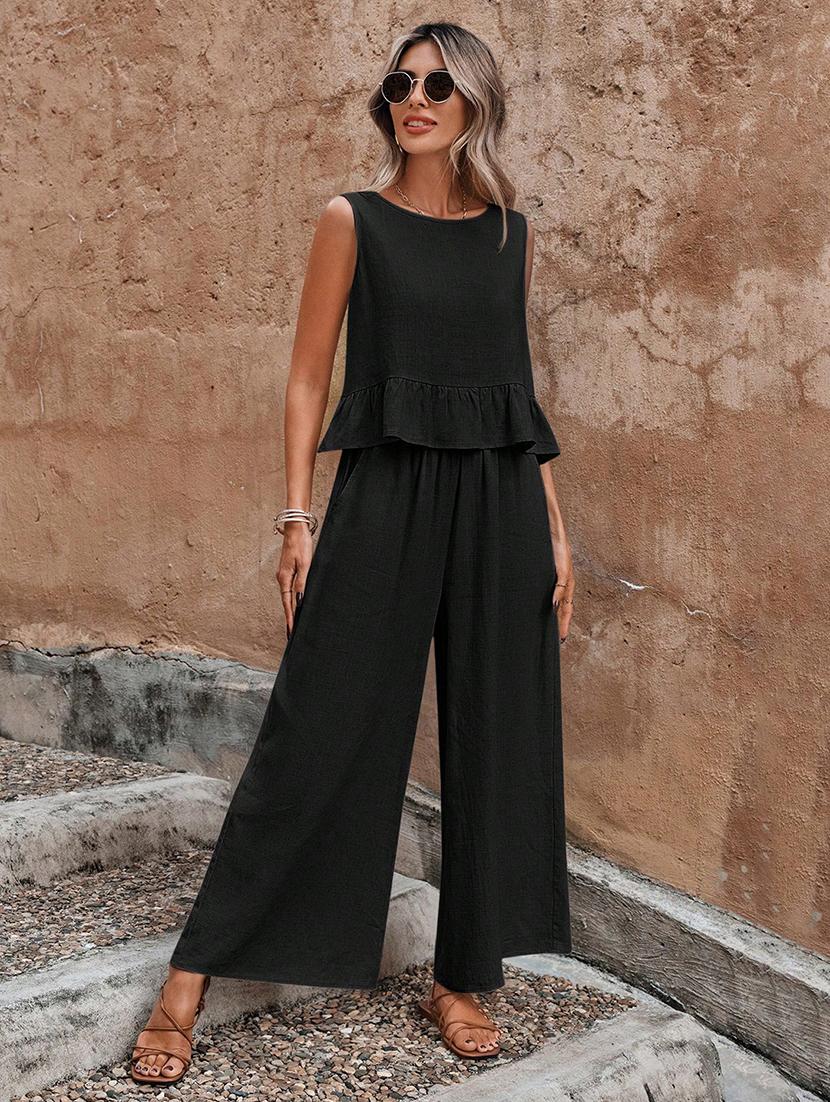 women solid top and trouser co-ord set - 21944487 - Standard Image - 1