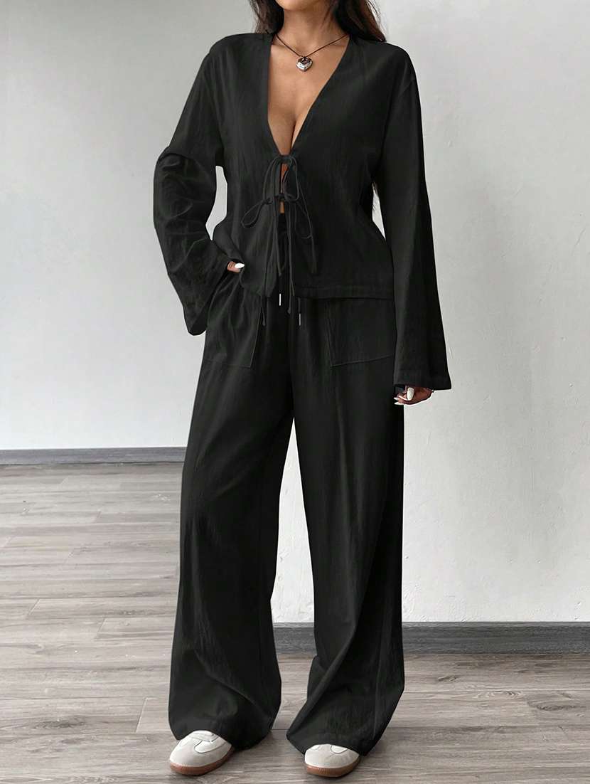 women solid top and trouser co-ord set - 21944489 - Standard Image - 4