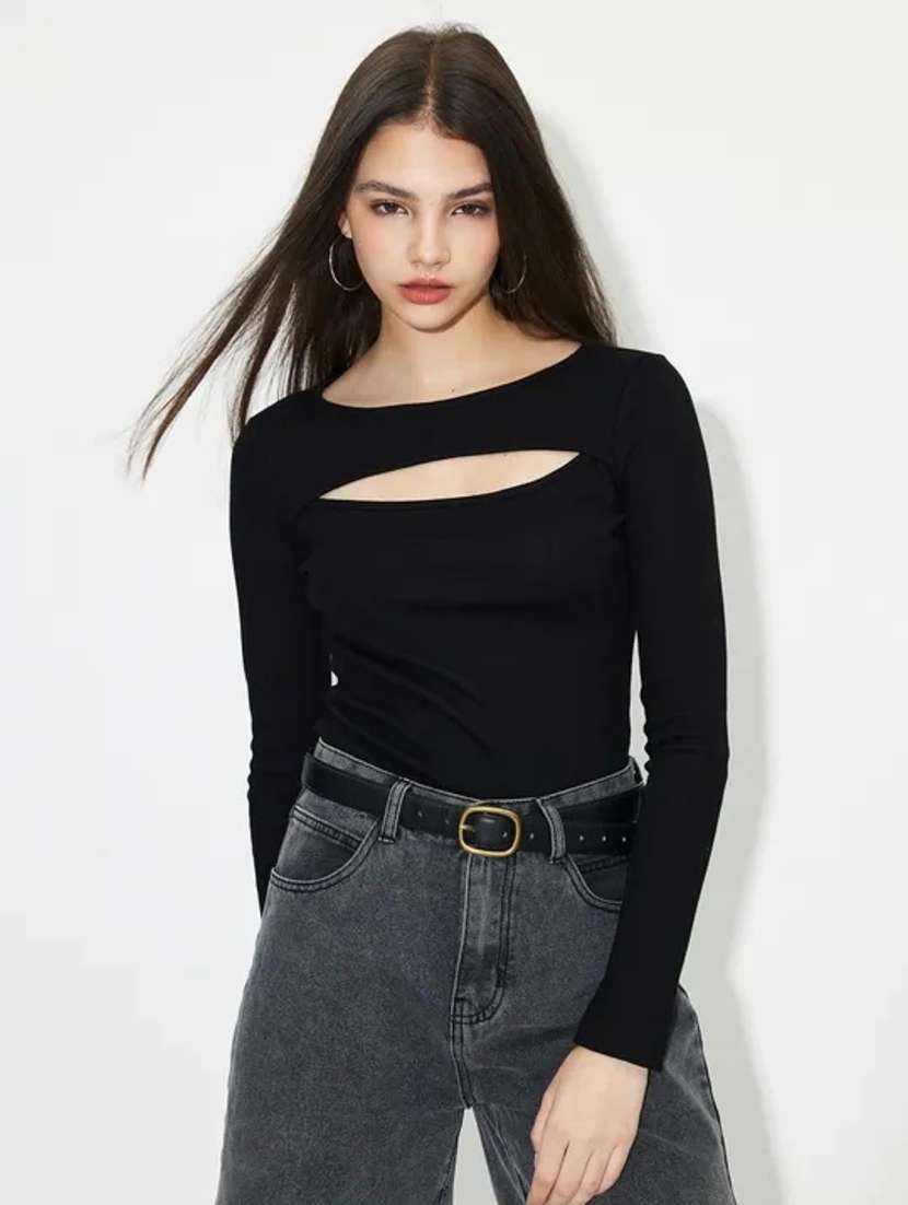 women solid long sleeve cut out top