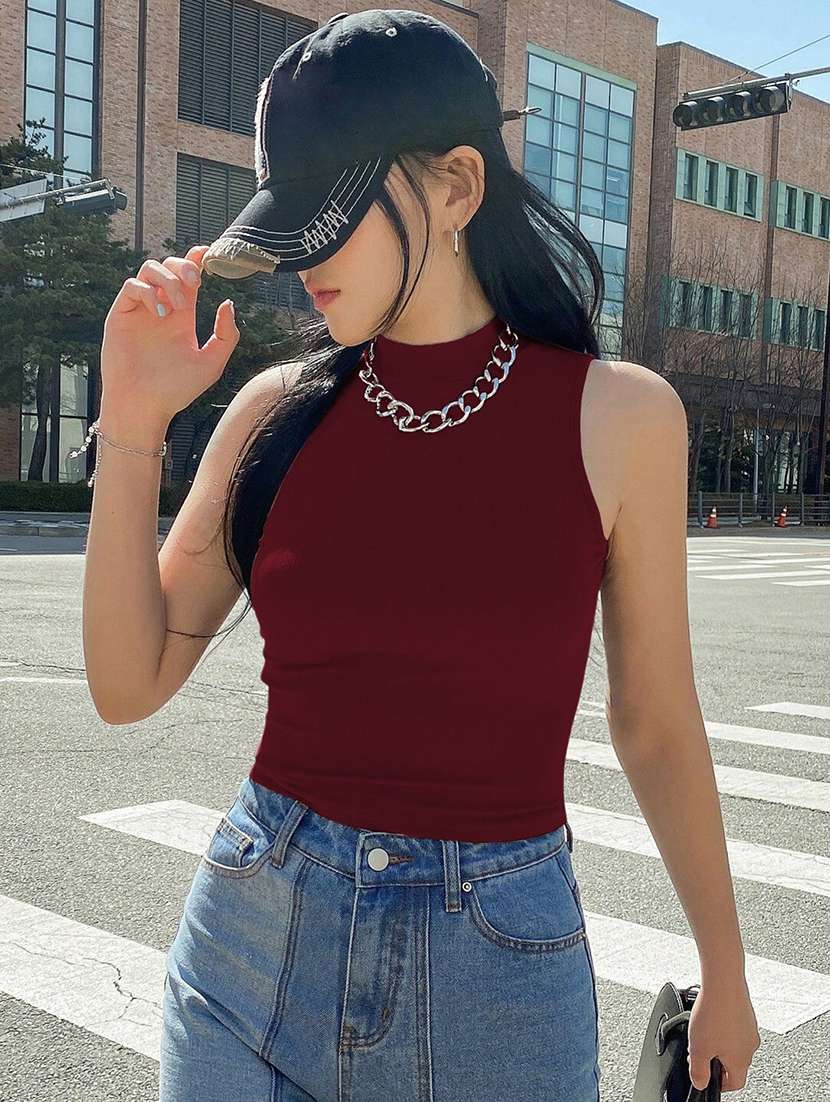 women solid mock neck sleeveless top