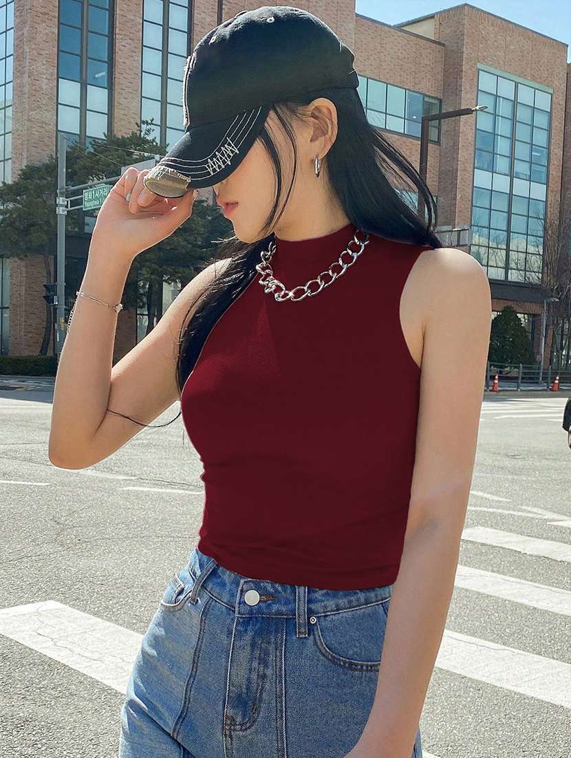 women solid mock neck sleeveless top - 21944589 - Standard Image - 1