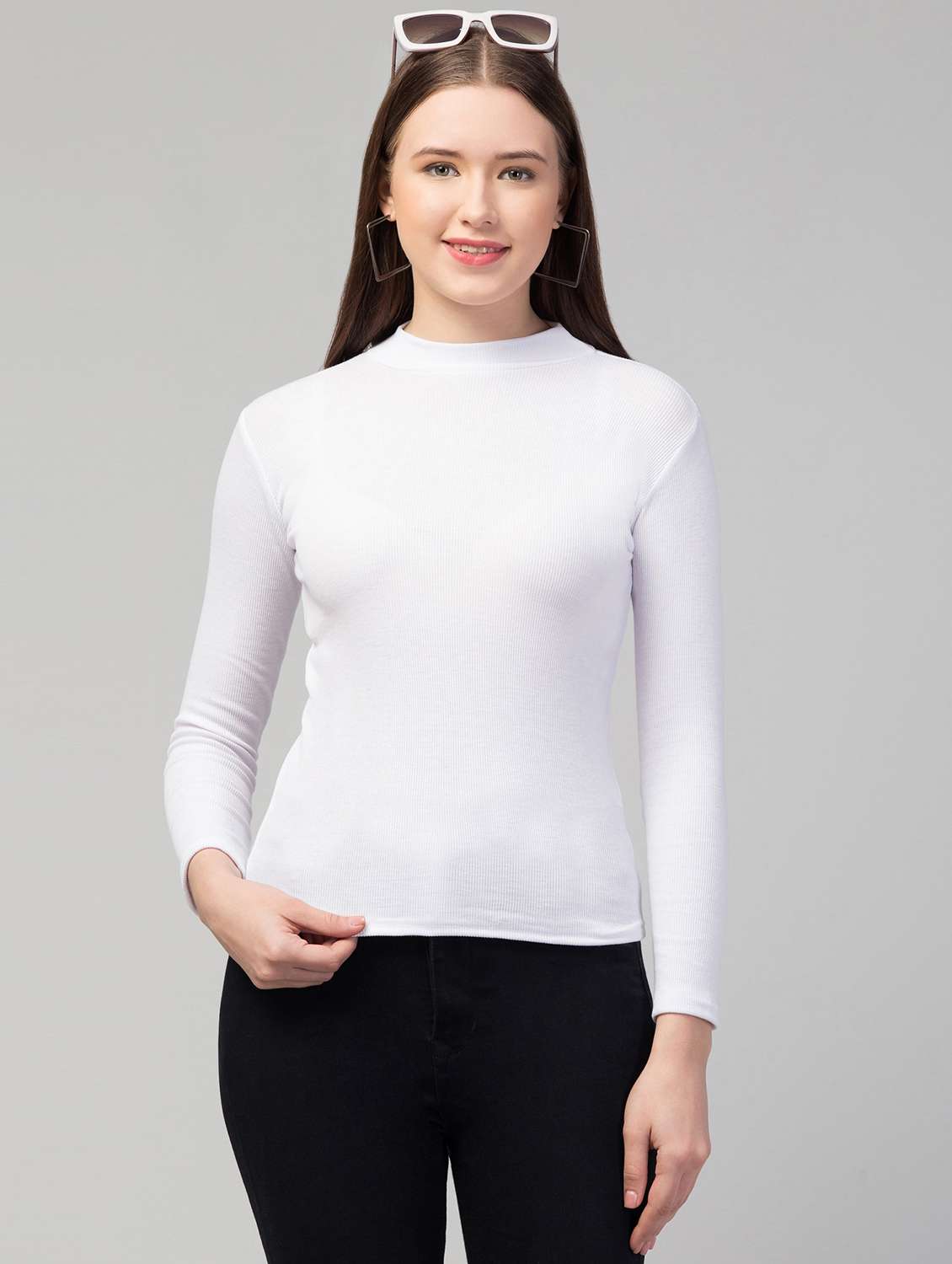women solid mock neck long sleeve top
