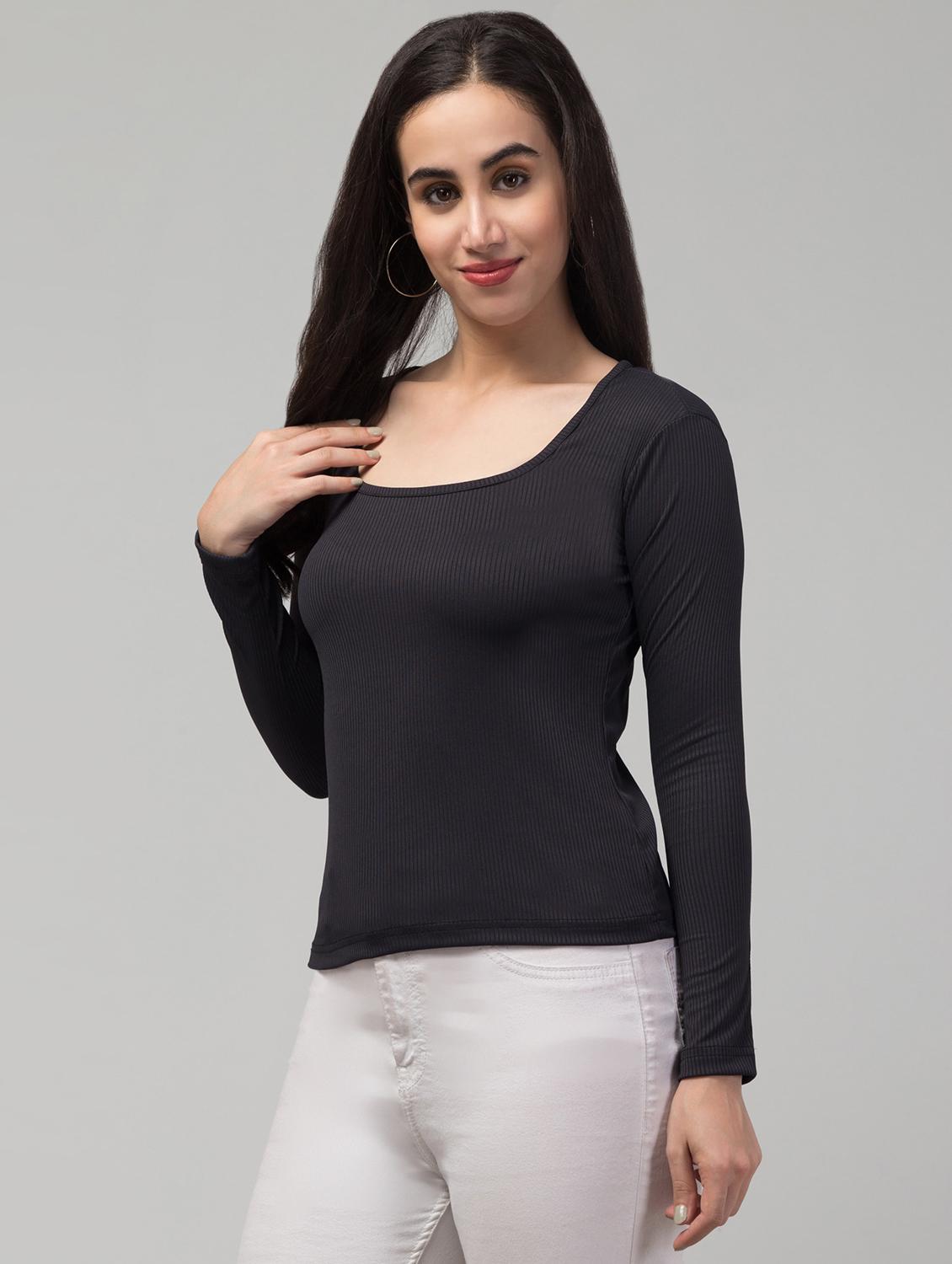 women solid scoop neck long sleeve regular top - 21944648 - Standard Image - 1
