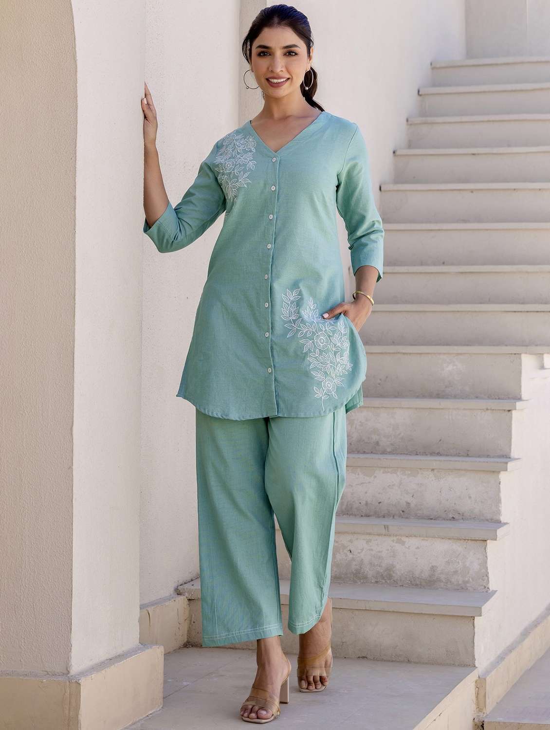women three quarter sleeve ethnic co-ord set - 21944699 -  Standard Image - 1