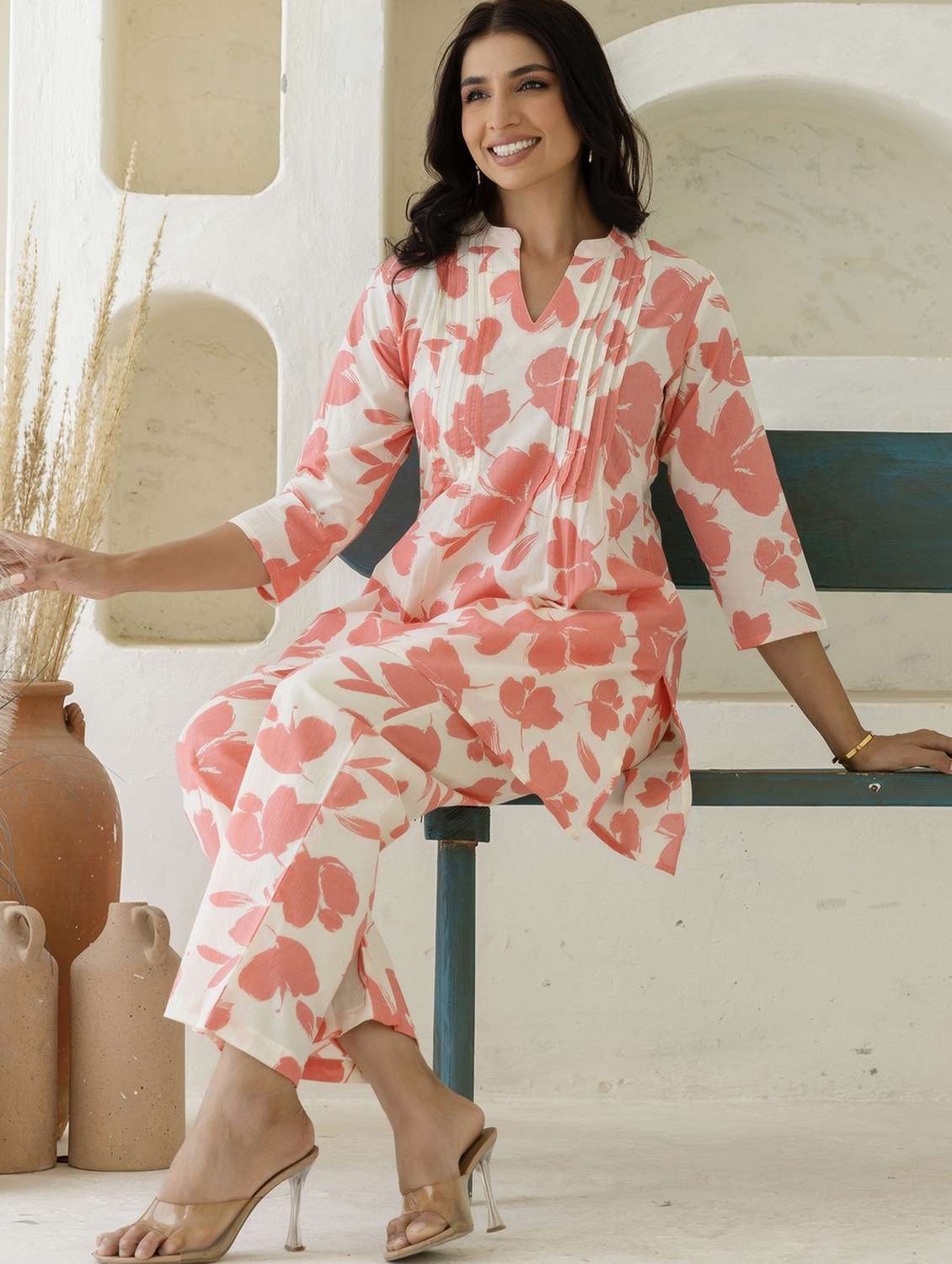 women three quarter sleeve ethnic co-ord set