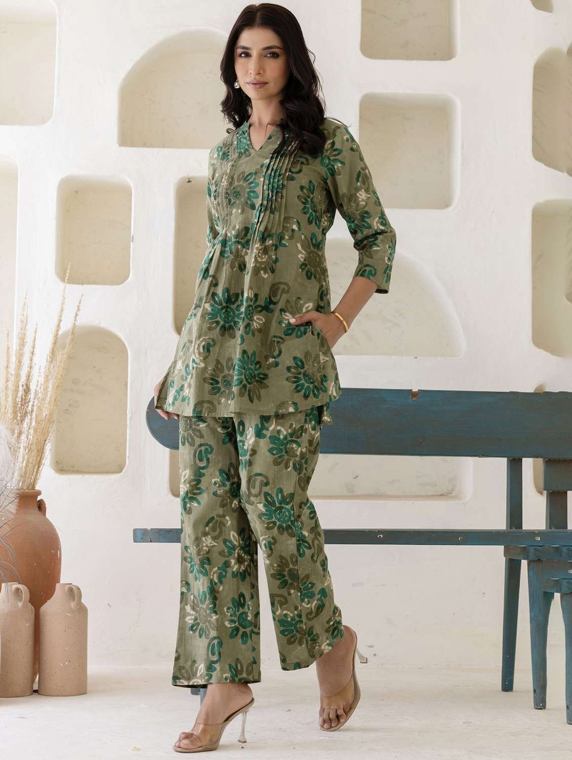 women three quarter sleeve ethnic co-ord set