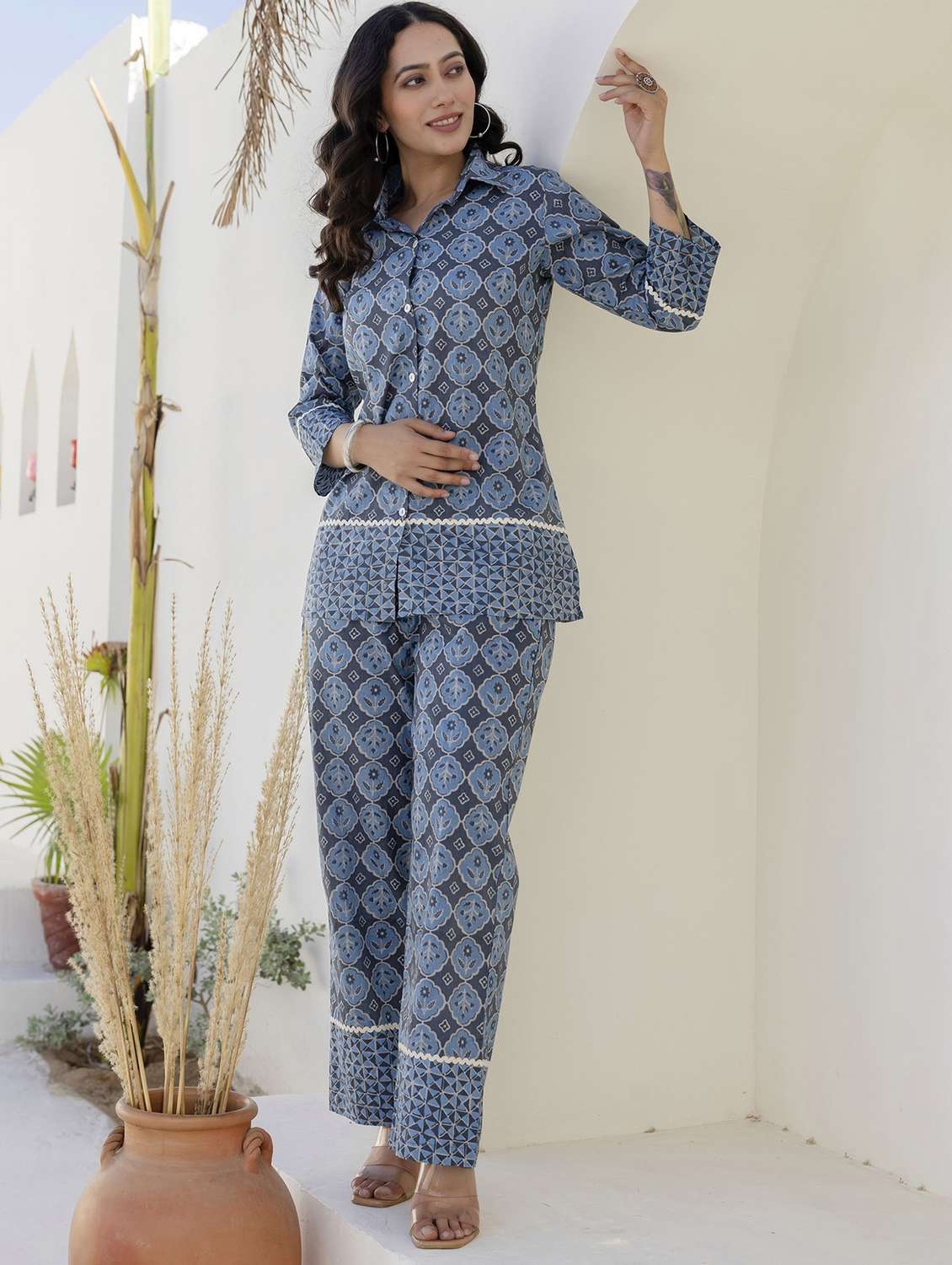 women three quarter sleeve ethnic co-ord set