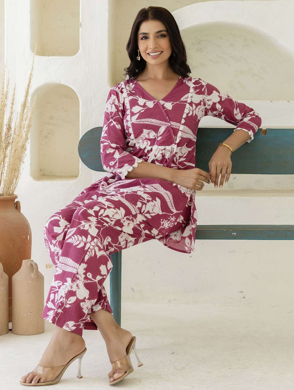 women three quarter sleeve ethnic co-ord set