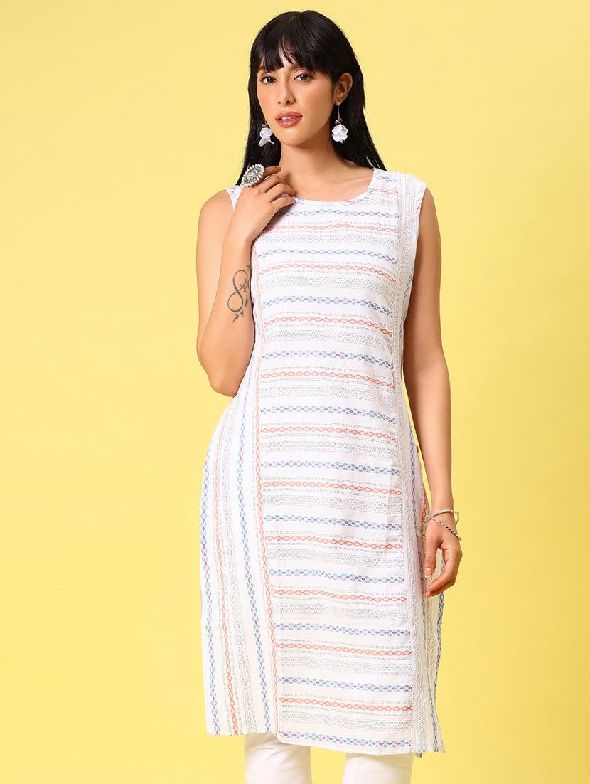 women white self design sleeveless straight kurta - 21944842 -  Standard Image - 1