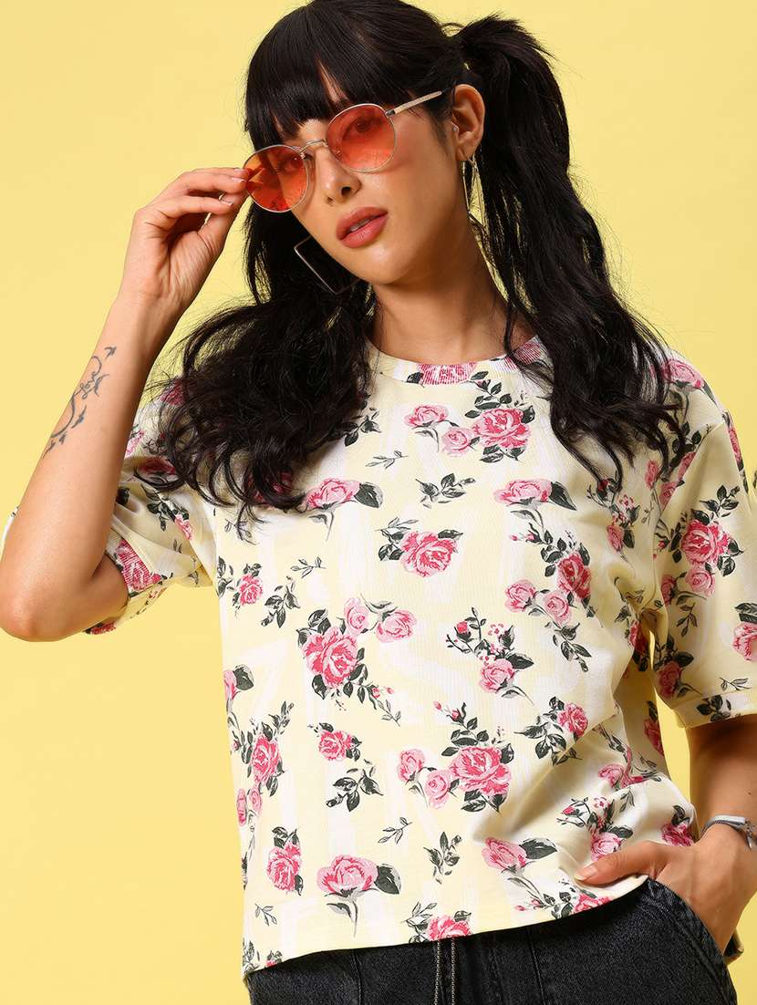 women floral print short sleeve boxy t-shirt