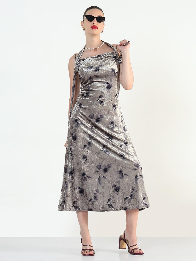 floral print velvet shoulder strap midi dress - 21946342 - Zoom Image - 0