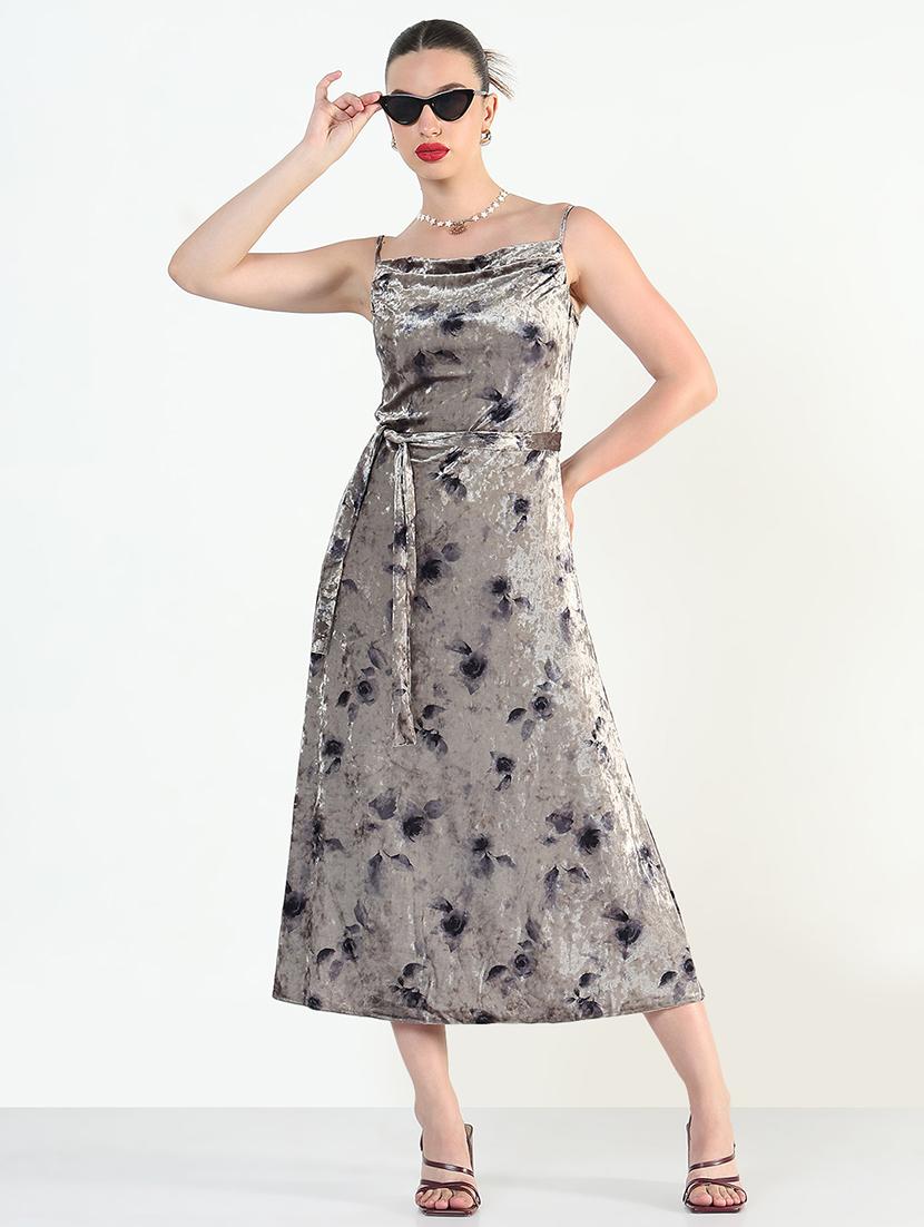 floral print velvet shoulder strap midi dress - 21946342 -  Standard Image - 1
