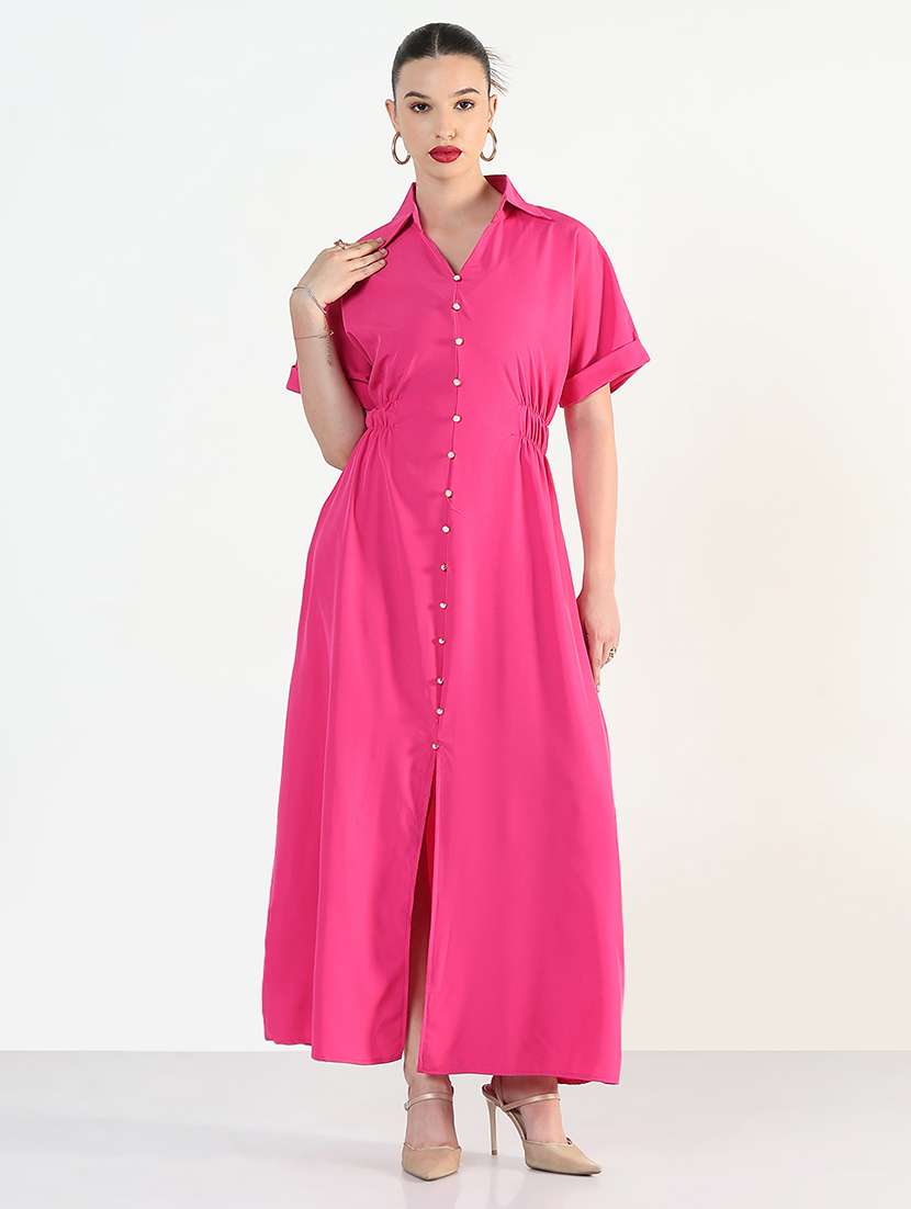 Women Pink Solid Collared Maxi A Line Dress