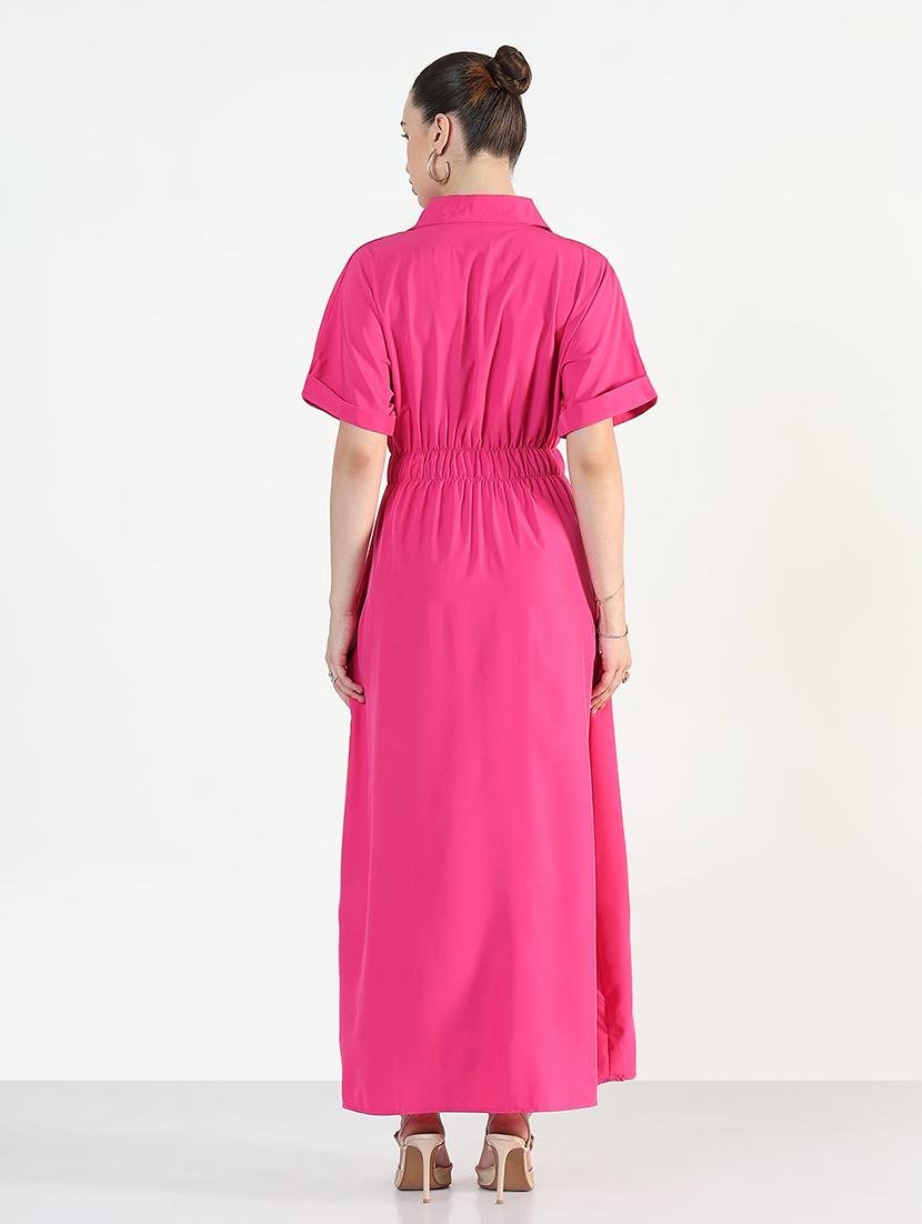 women pink solid collared maxi a-line dress - 21946344 - Standard Image - 4