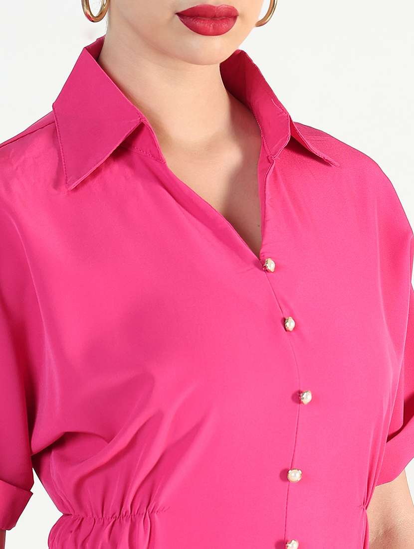 Women Pink Solid Collared Maxi A Line Dress
