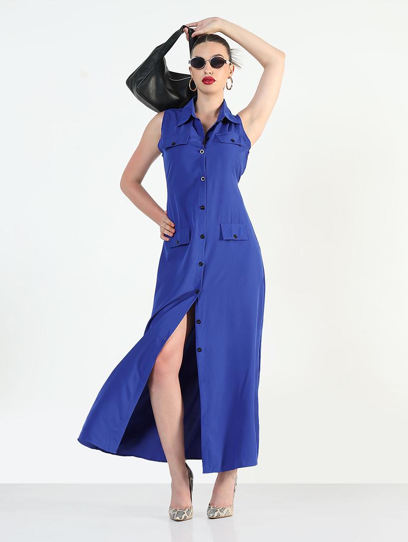 women blue solid collared sleeveless shirt dress - 21946345 - Standard Image - 1