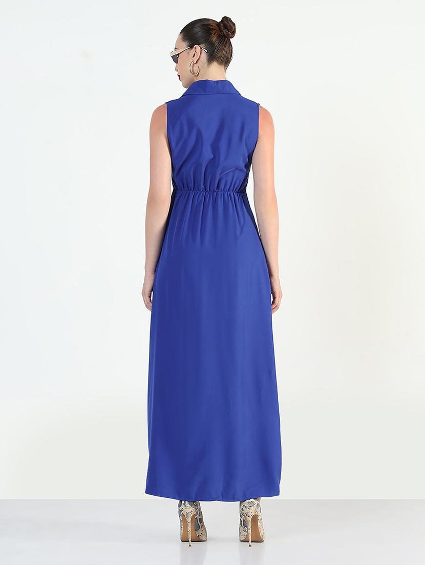 women blue solid collared sleeveless shirt dress - 21946345 - Standard Image - 4