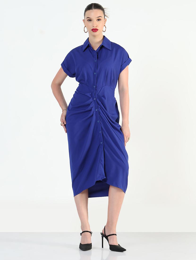 women blue solid collared shirt dress - 21946347 - Standard Image - 1