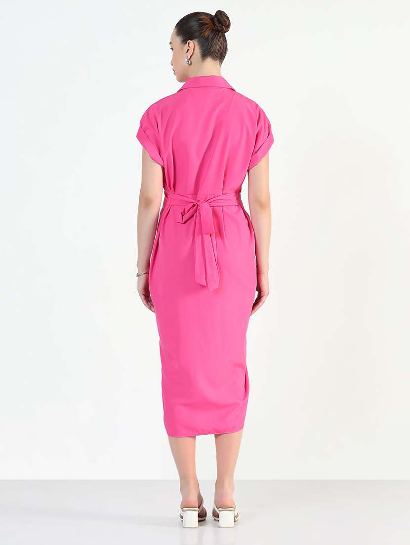 Women Pink Solid Collared Shirt Dress