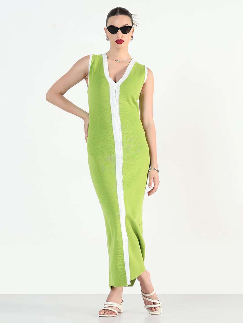 women solid sleeveless maxi button -down bodycon dress