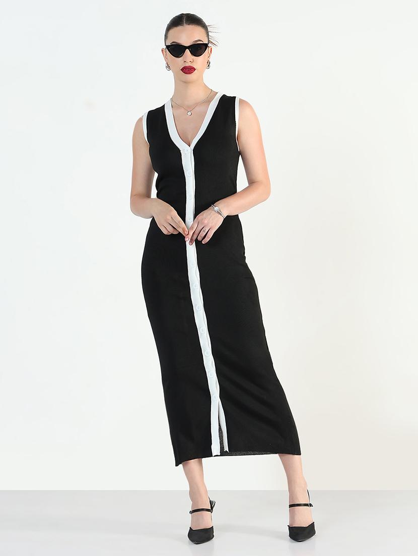 women solid sleeveless maxi button-down bodycon dress - 21946353 - Standard Image - 1