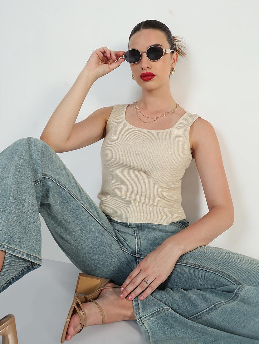 women beige solid sleeveless tank top 