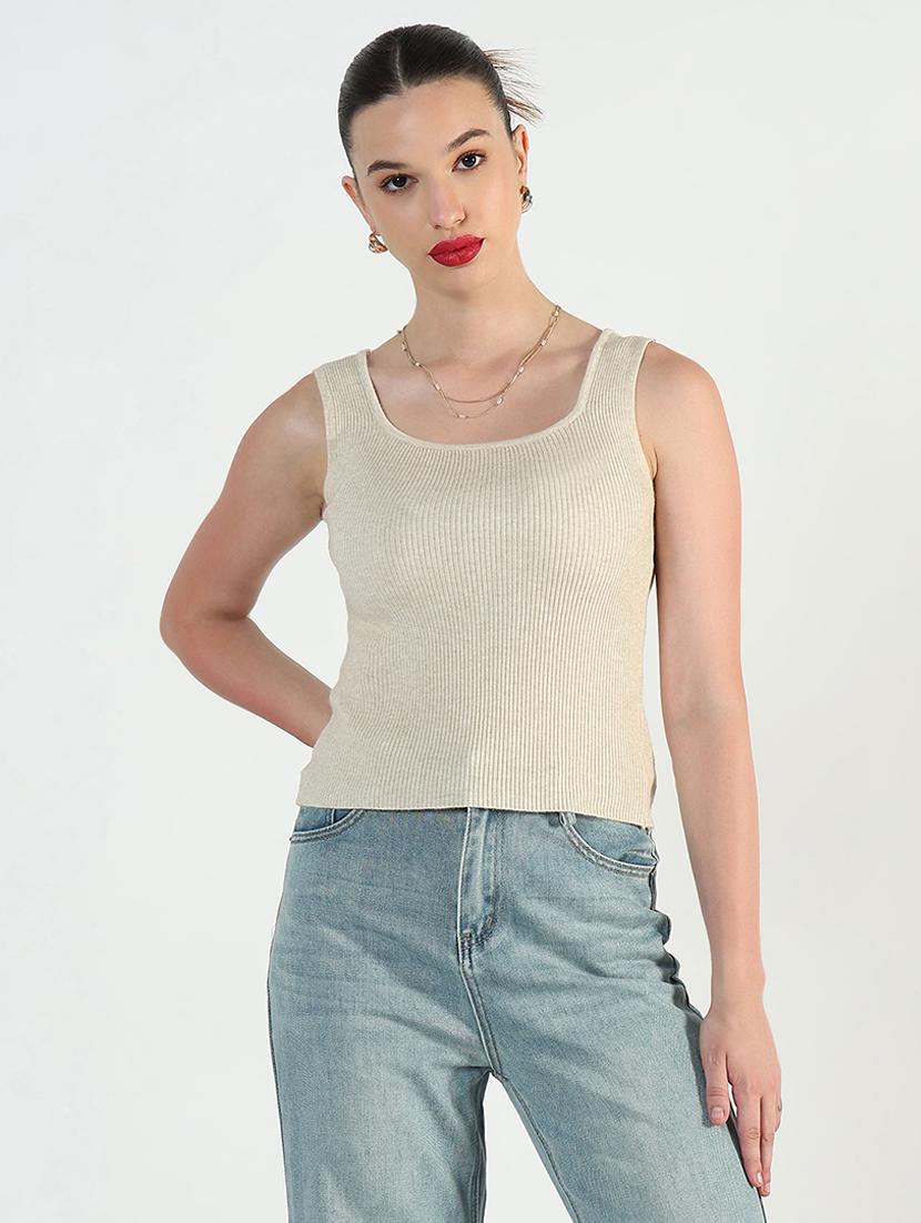 women beige solid sleeveless tank top - 21946360 - Standard Image - 1