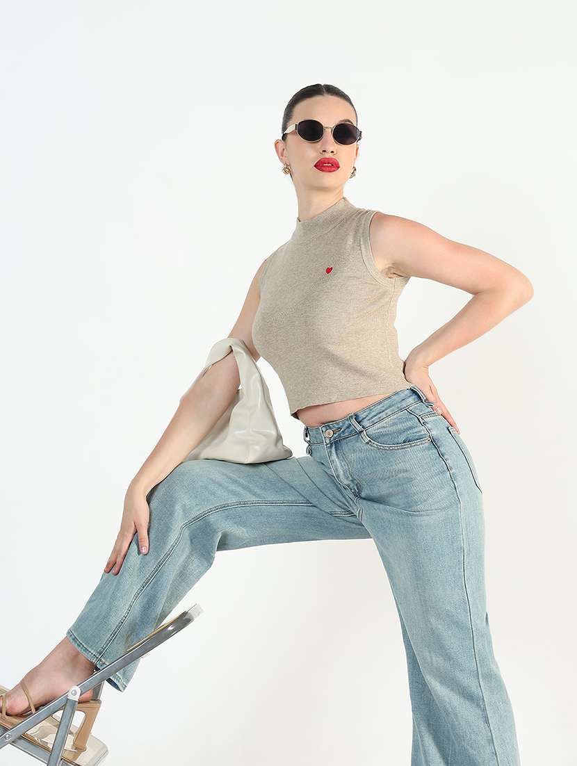 women beige solid high rise sleeveless crop top - 21946367 -  Standard Image - 1