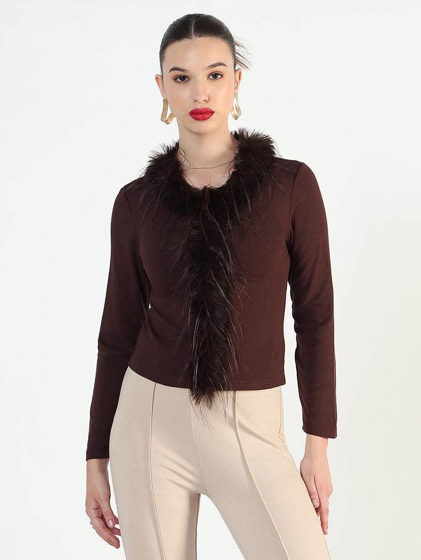women solid long sleeve fur detailed regular top - 21946373 -  Zoom Image - 0