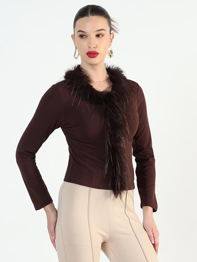 women solid long sleeve fur detailed regular top - 21946373 -  Standard Image - 1