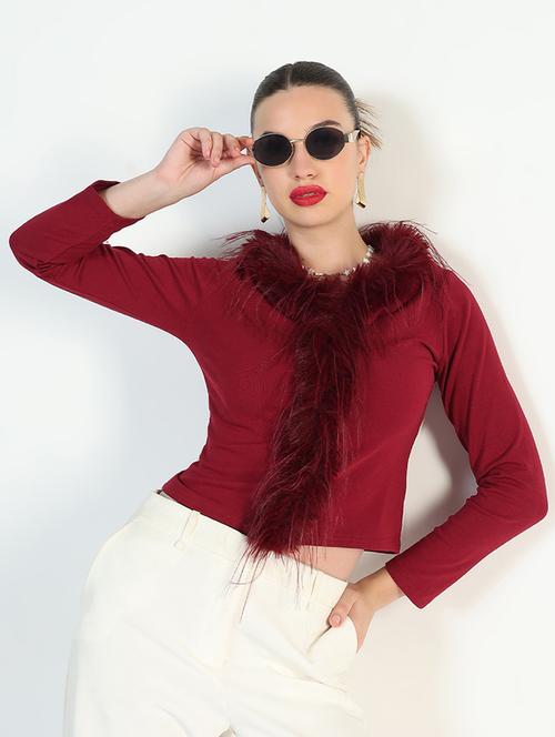 women maroon solid long sleeve fur detailed regular top - 21946374 -  Standard Image - 0