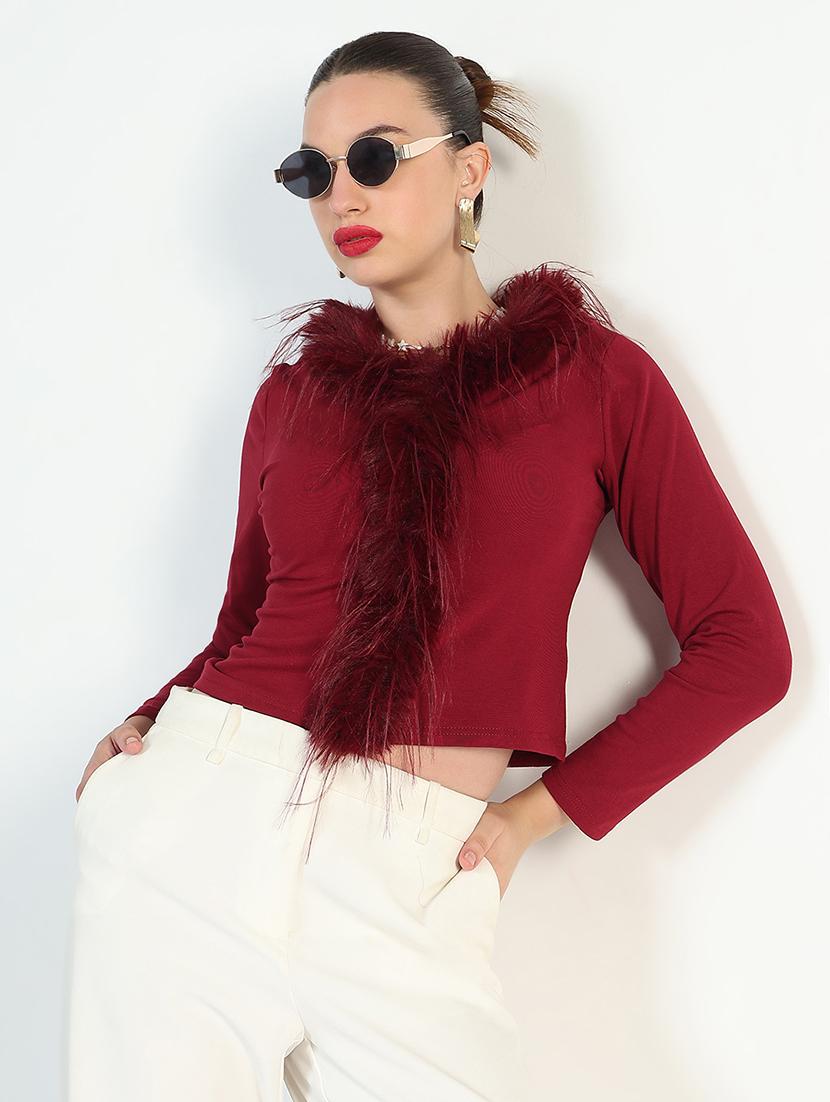 women maroon solid long sleeve fur detailed regular top - 21946374 -  Standard Image - 1