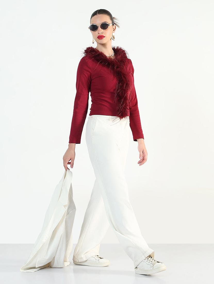women maroon solid long sleeve fur detailed regular top - 21946374 - Standard Image - 4
