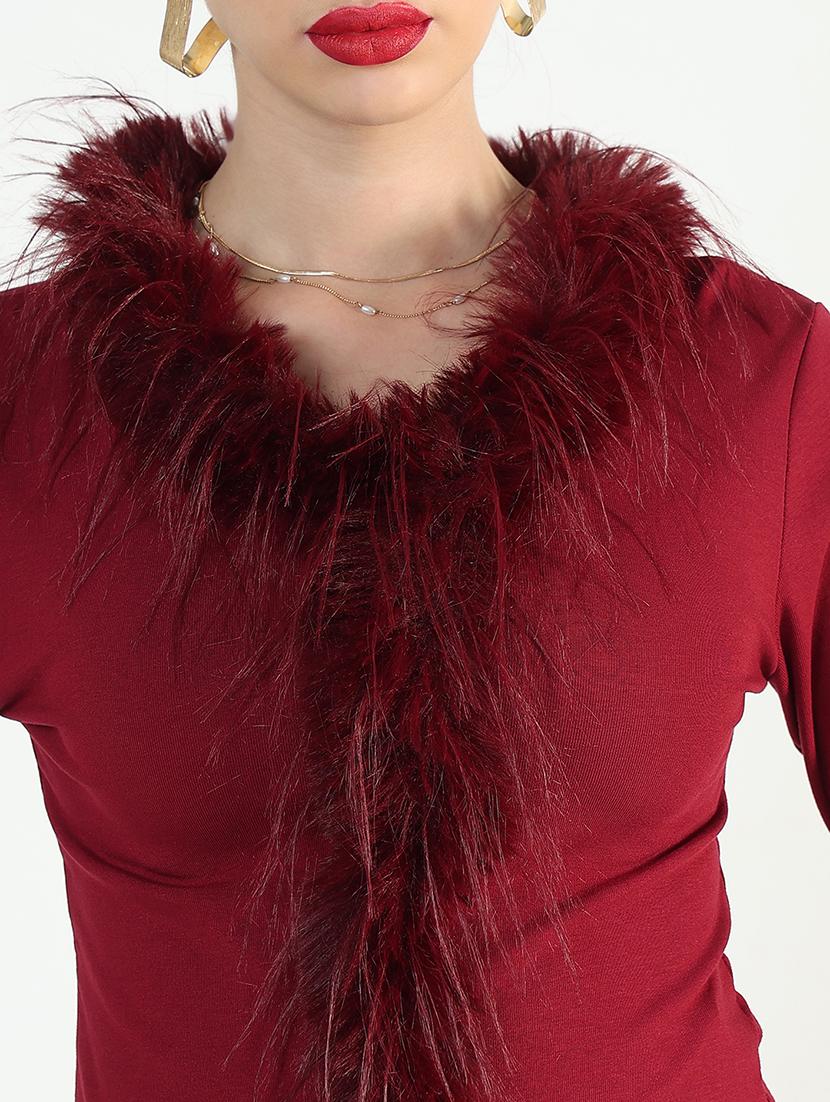 women maroon solid long sleeve fur detailed regular top - 21946374 - Standard Image - 6