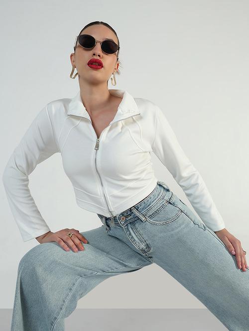 women white solid long sleeve zip up crrop top - 21946375 - Standard Image - 0