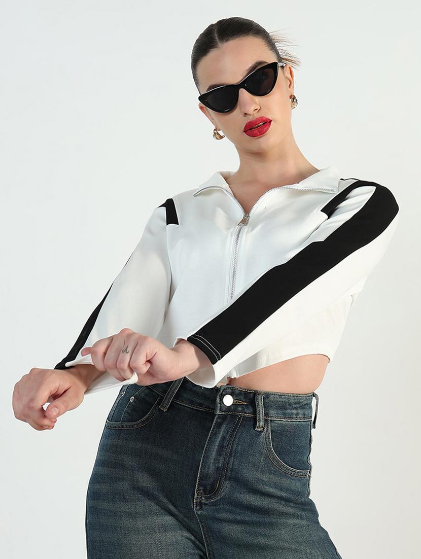 women color blocked long sleeve zip up crop top - 21946376 - Zoom Image - 0