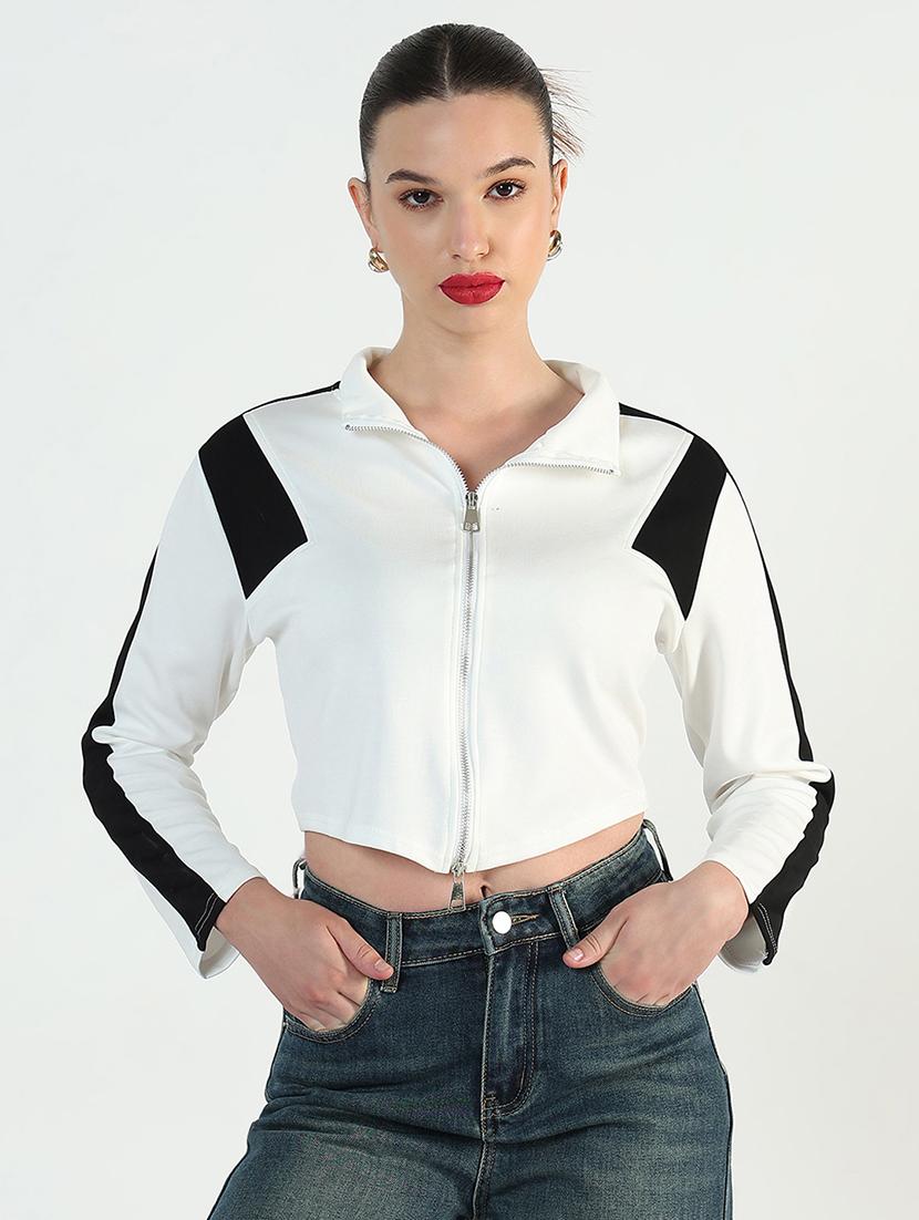 women color blocked long sleeve zip up crop top - 21946376 -  Standard Image - 1