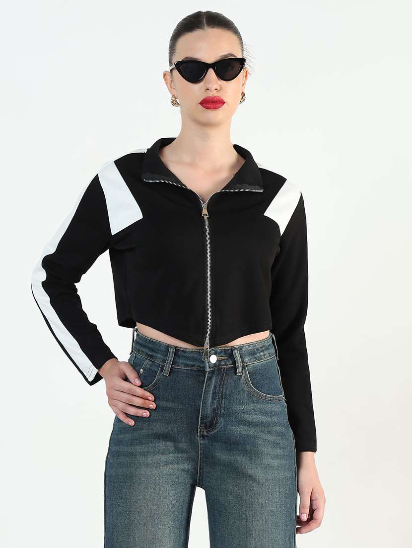 women color blocked long sleeve zip up crop top - 21946377 -  Standard Image - 1