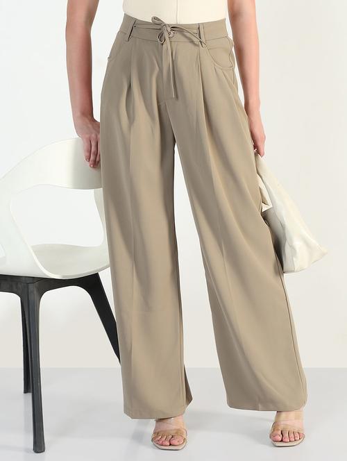 women solid high rise korean pants - 21946385 - Standard Image - 0